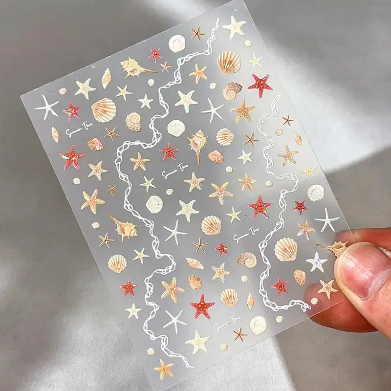 1 Sheet 5D Summer Seashell Nail Stickers – Starfish & Conch Decals