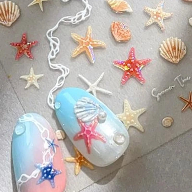 1 Sheet 5D Summer Seashell Nail Stickers – Starfish & Conch Decals