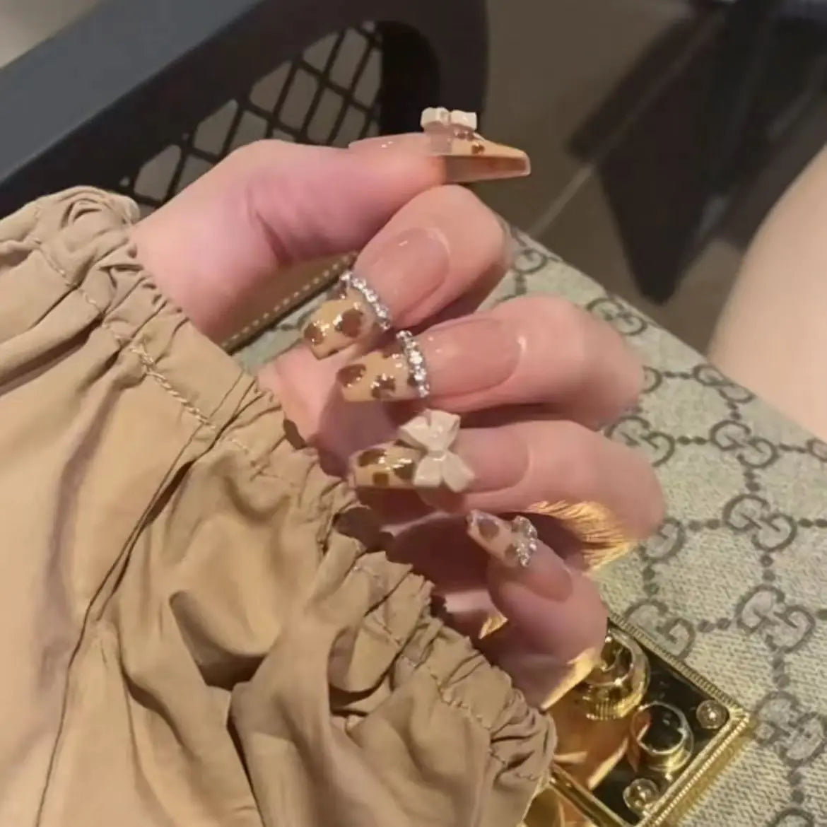 24Pc Leopard Chain Ballerina Press-On False Nails – Full Cover Reusable Tips