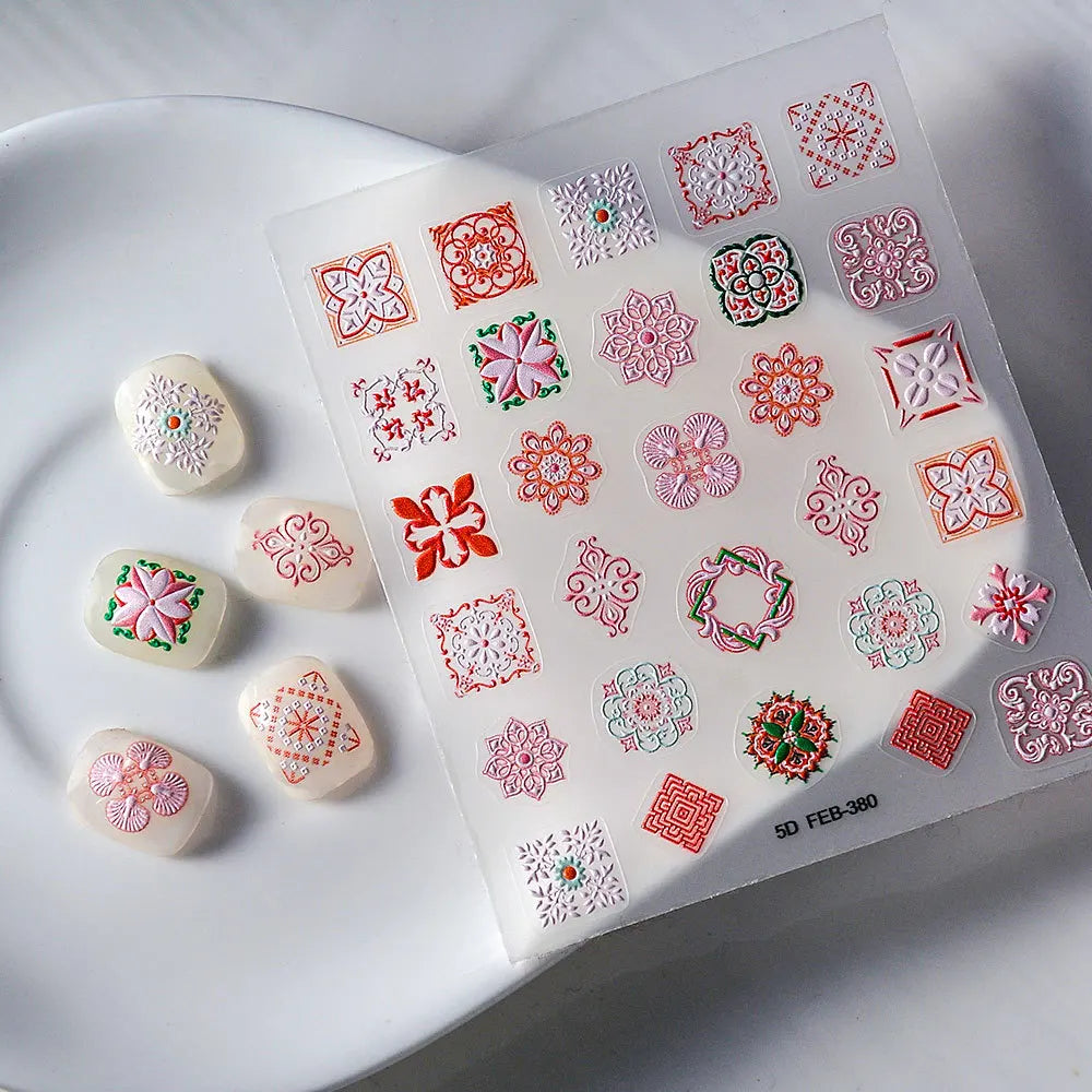 5D Bohemian Nail Stickers – Hand-Painted Ethnic Baroque Decals