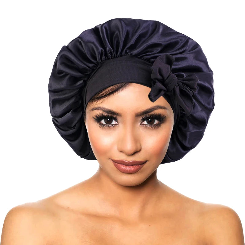 New Women’s Satin Sleeping Bonnet with Tie Bands – Adjustable Silky Cap for Curly Hair & Shower Use