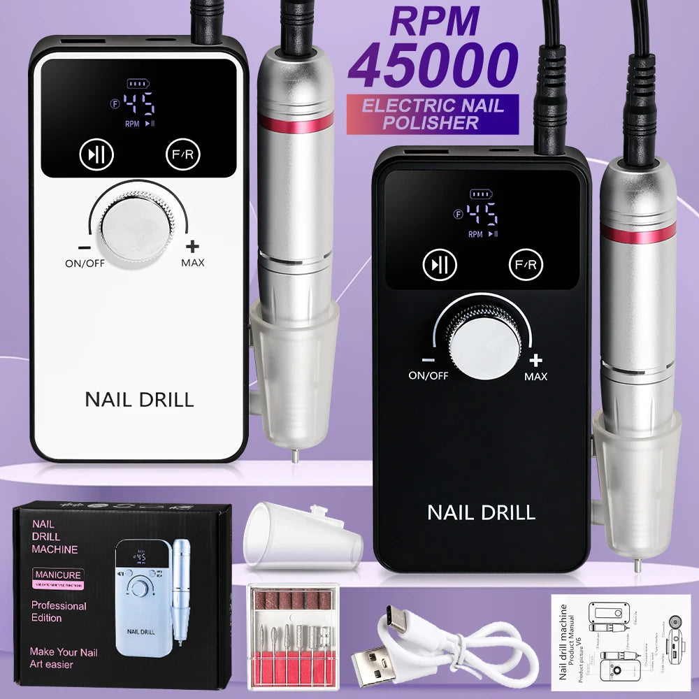 45,000RPM Professional Rechargeable Electric Nail Drill – Portable Nail File & Manicure Tool for Gel Polish