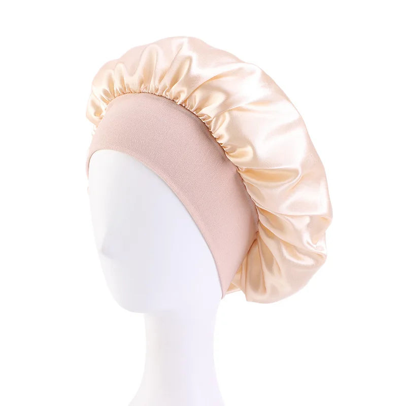 New Women’s Satin Solid Wide-Brimmed Sleeping Hat – Unisex Elastic Head Wrap Bonnet for Hair Care