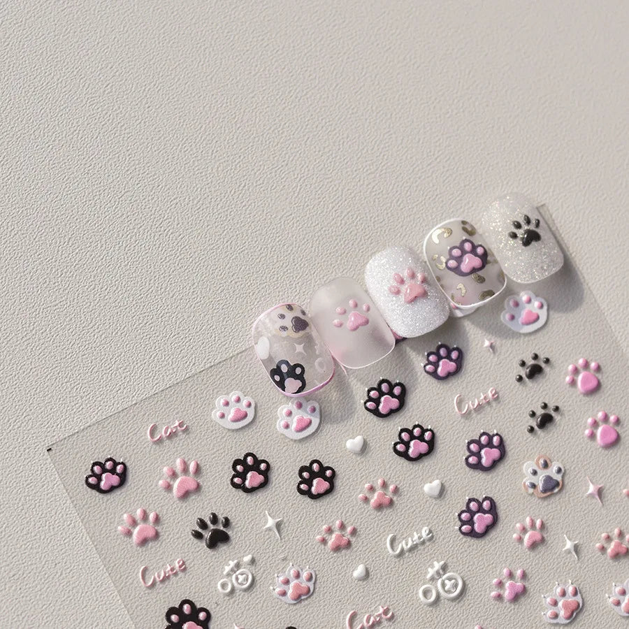 5D Jelly Cat Paw Nail Stickers – Pink Cartoon 3D Manicure Decals