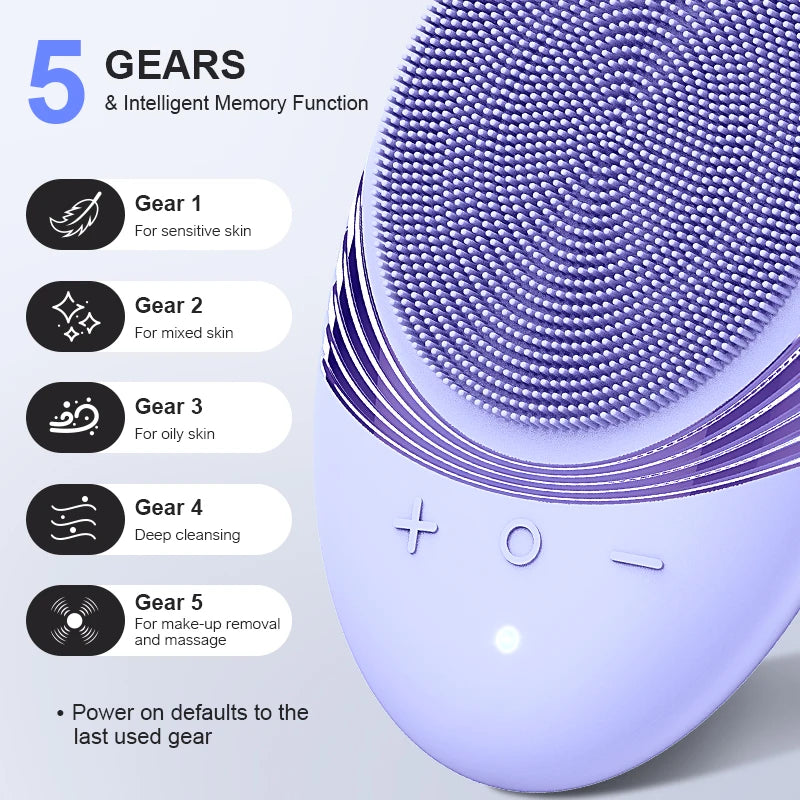 Rechargeable Silicone Facial Cleansing Brush – Waterproof Face Scrubber with 5 Modes for Deep Electric Face Cleaning