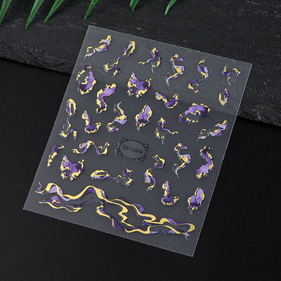 Holographic Purple & Blue Nail Art Stickers – Gold Ink Decals for DIY Manicure