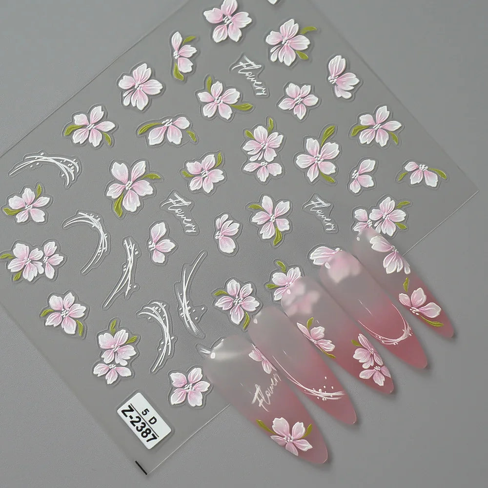 5D Spring Flower Nail Stickers – Embossed Floral Manicure Decals