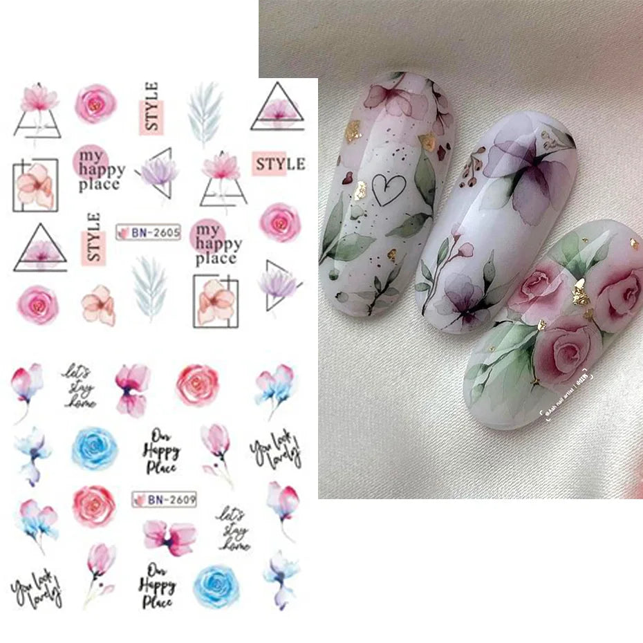 12pcs Floral Nail Sticker Set – Spring & Summer Water Decals
