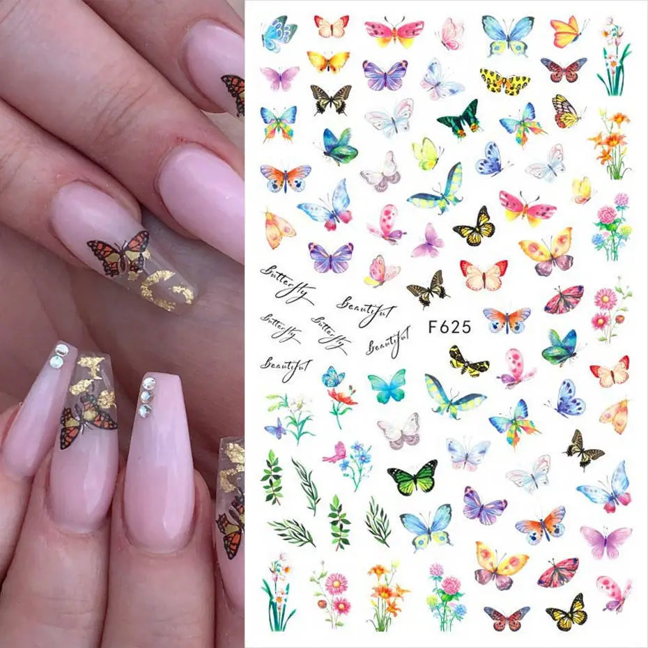 3D Butterfly & Flower Nail Art Stickers – Blue & Purple Decals for Manicure