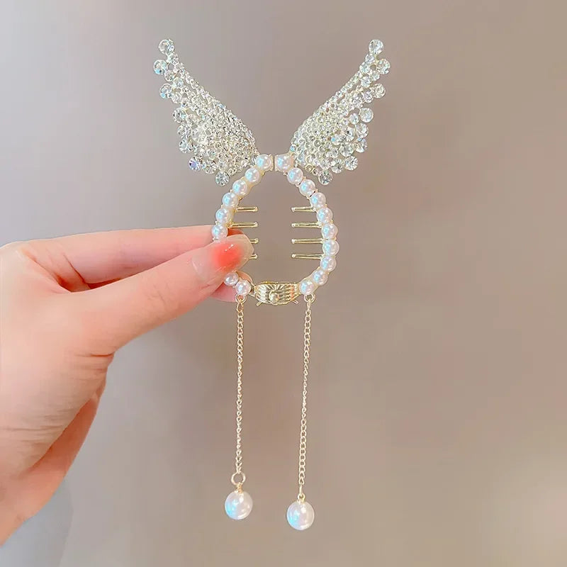 Elegant Butterfly Ponytail Hair Clip – Blue & Red Hairpin with Pearl Tassel for Women