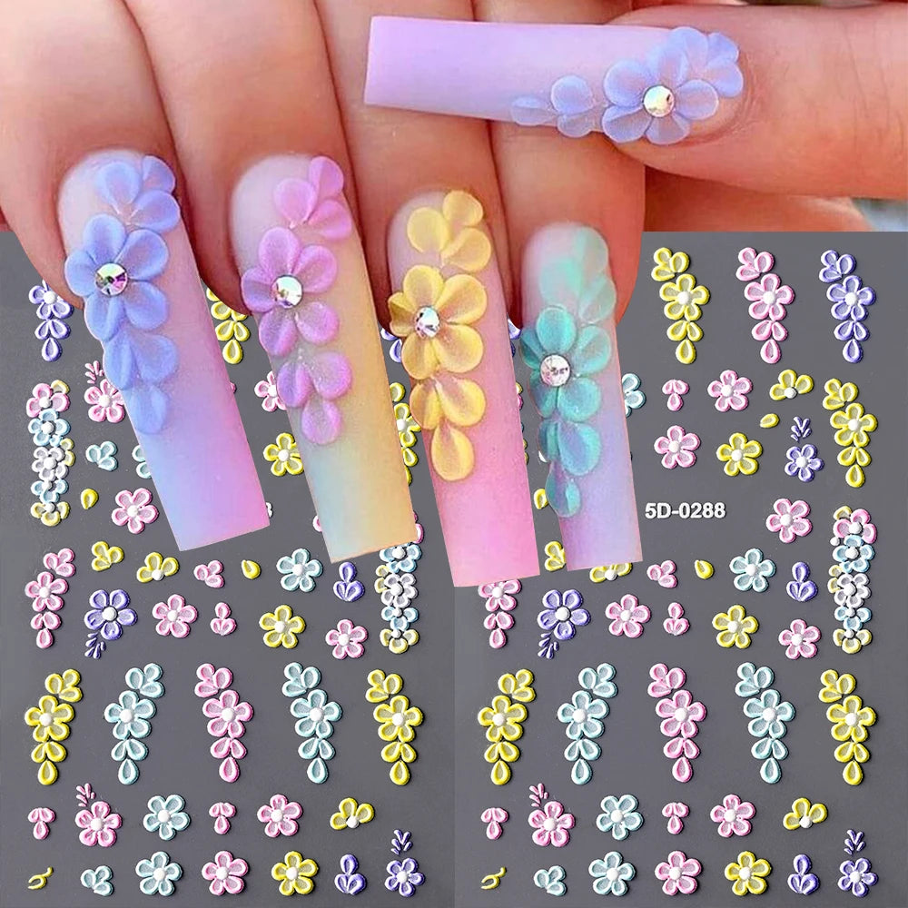 5D Spring Flower Nail Art Stickers – Colorful Daisy & Vine Decals for DIY Nails