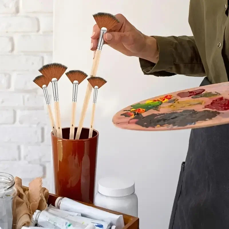 5pcs Fan Paint Brush Set – Nylon Hair Acrylic & Oil Painting Brushes with Short Wooden Handles