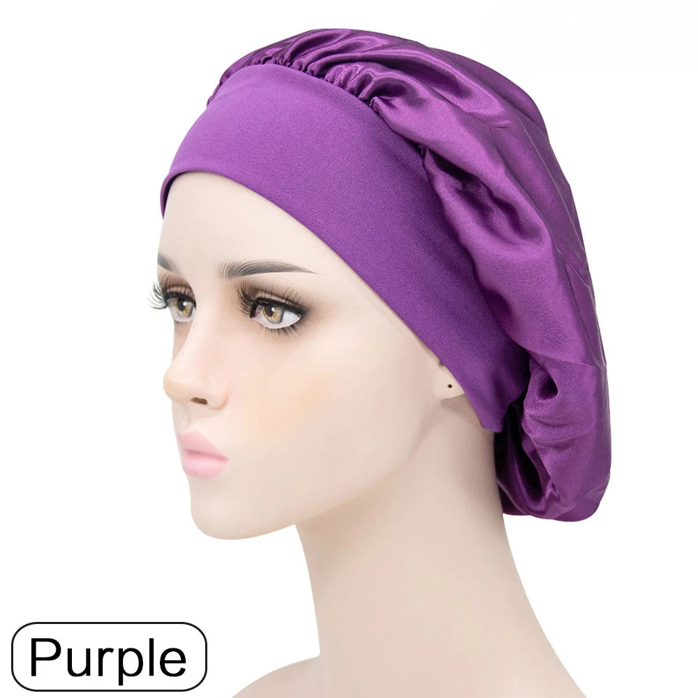 Adjustable Solid Satin Bonnet – Long Hair Care Sleep Hat for Women, Silk Head Wrap & Shower Cap