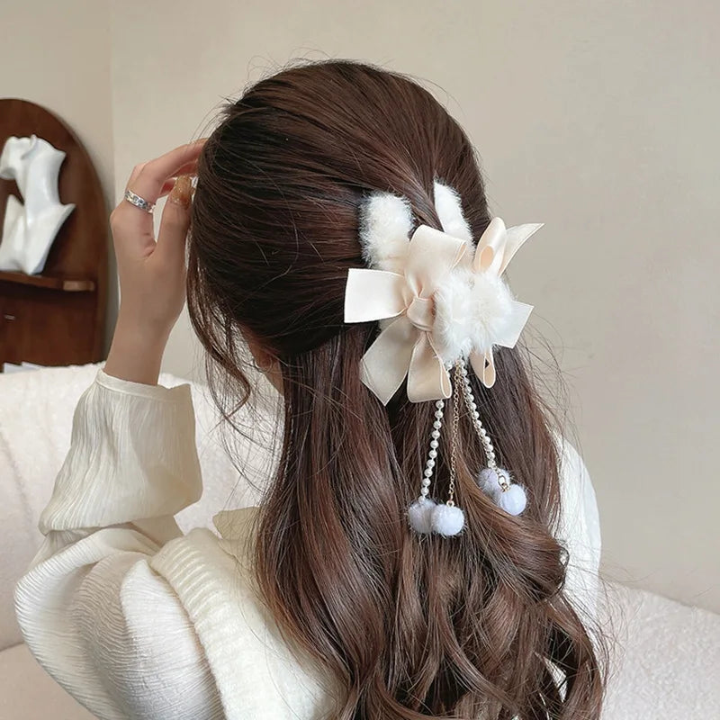Furry Big Bow Hair Claw Clip – Pearl Tassel Banana Jaw Clip for Women & Girls