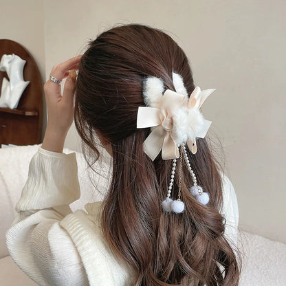 Furry Big Bow Hair Claw Clip – Pearl Tassel Banana Jaw Clip for Women & Girls