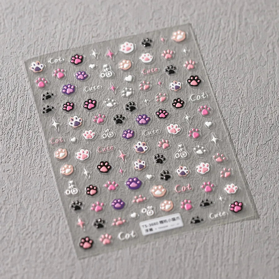 5D Jelly Cat Paw Nail Stickers – Pink Cartoon 3D Manicure Decals
