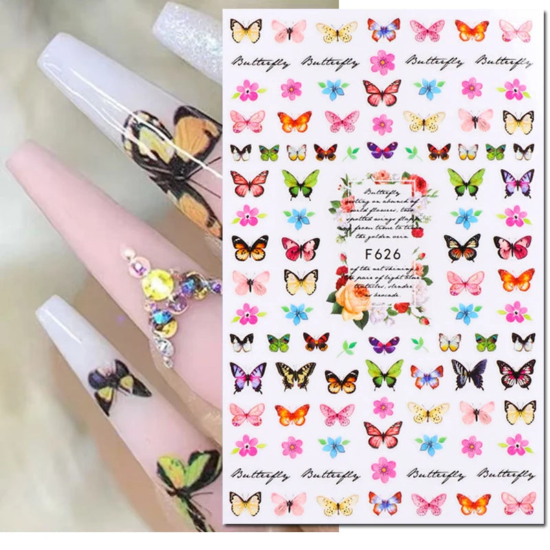 3D Butterfly & Flower Nail Art Stickers – Blue & Purple Decals for Manicure