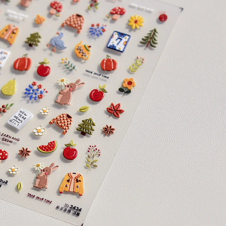 Autumn Maple & Ginkgo 5D Nail Art Stickers – Pumpkins, Ladybugs & Mushrooms