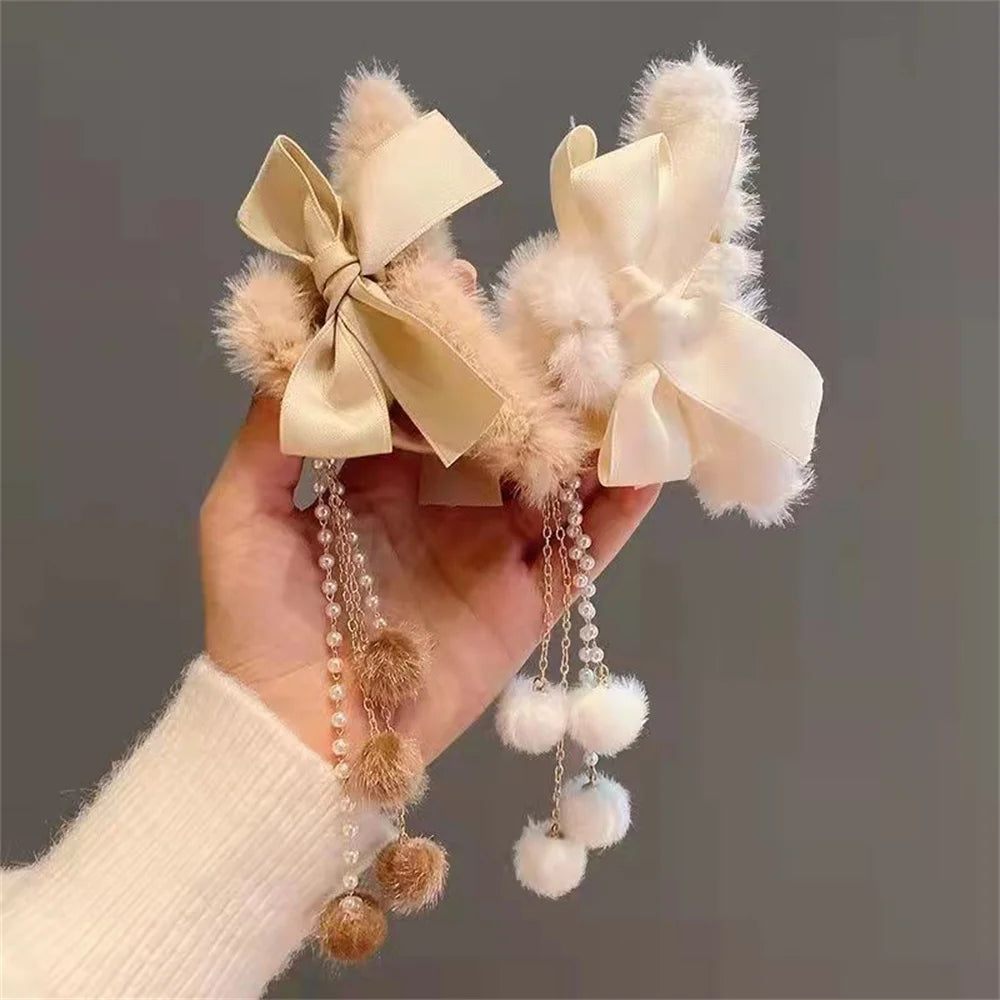 Furry Big Bow Hair Claw Clip – Pearl Tassel Banana Jaw Clip for Women & Girls