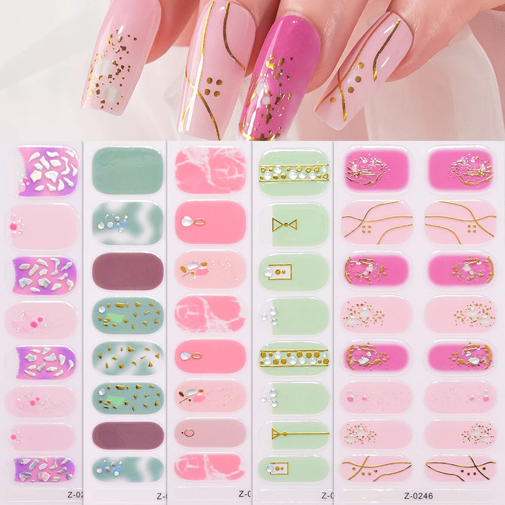 Dopamine Color 5-Sheet Nail Sticker Set – 80 Tips, 3D Foil & Line Full-Cover Wraps