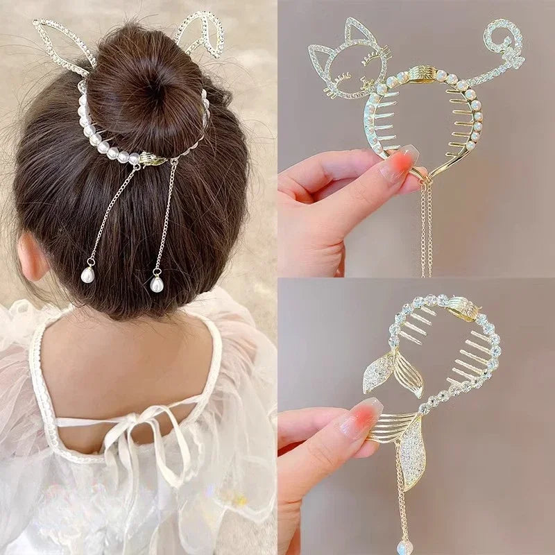 Elegant Butterfly Ponytail Hair Clip – Blue & Red Hairpin with Pearl Tassel for Women