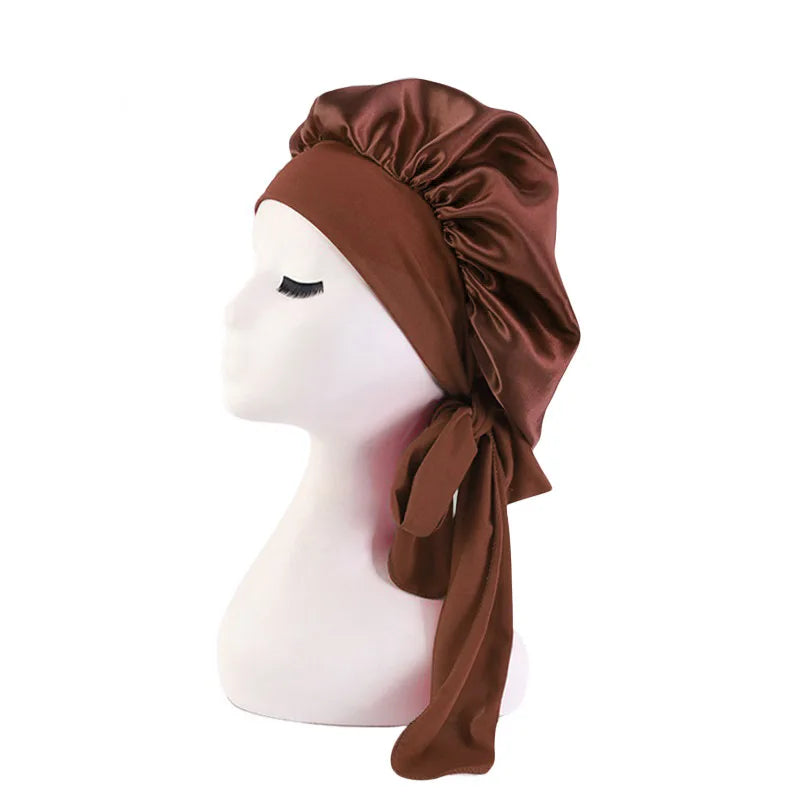 New Women’s Satin Sleeping Bonnet with Tie Bands – Adjustable Silky Cap for Curly Hair & Shower Use