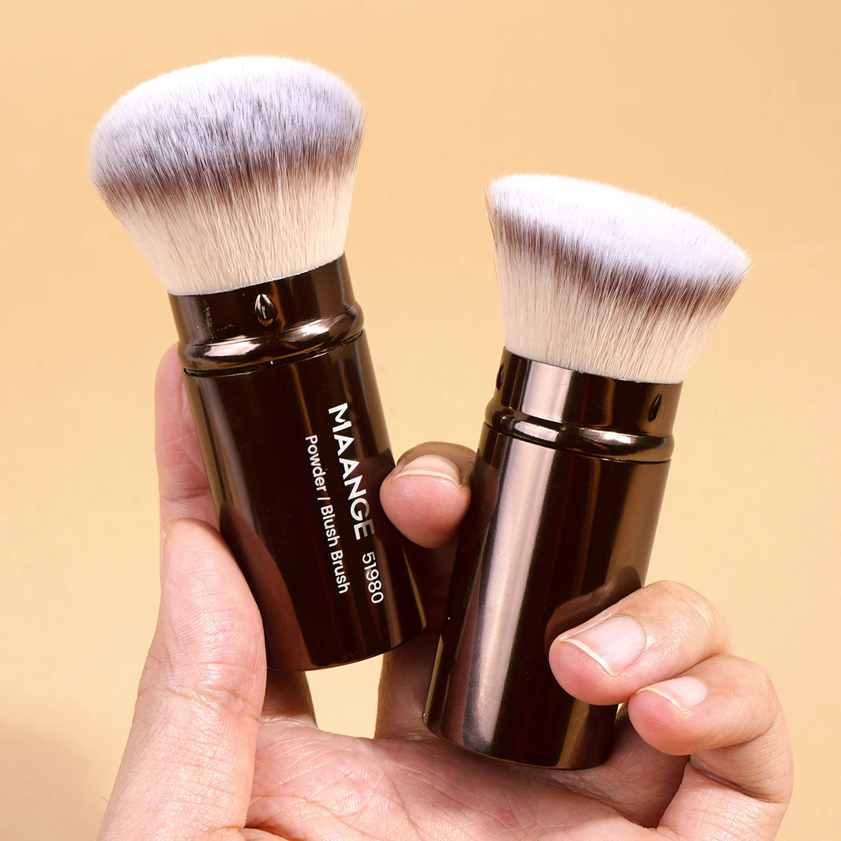 2PCS Retractable Kabuki Makeup Brushes – Flat & Angled Brushes for Foundation, Powder, Blush, Bronzer & Concealer