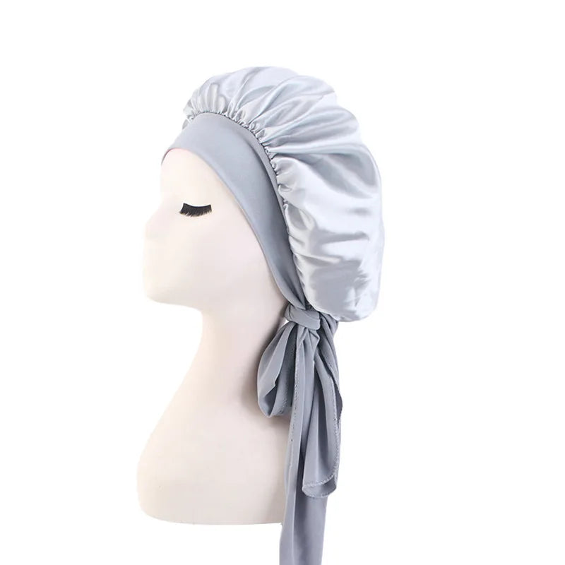 New Women’s Satin Sleeping Bonnet with Tie Bands – Adjustable Silky Cap for Curly Hair & Shower Use