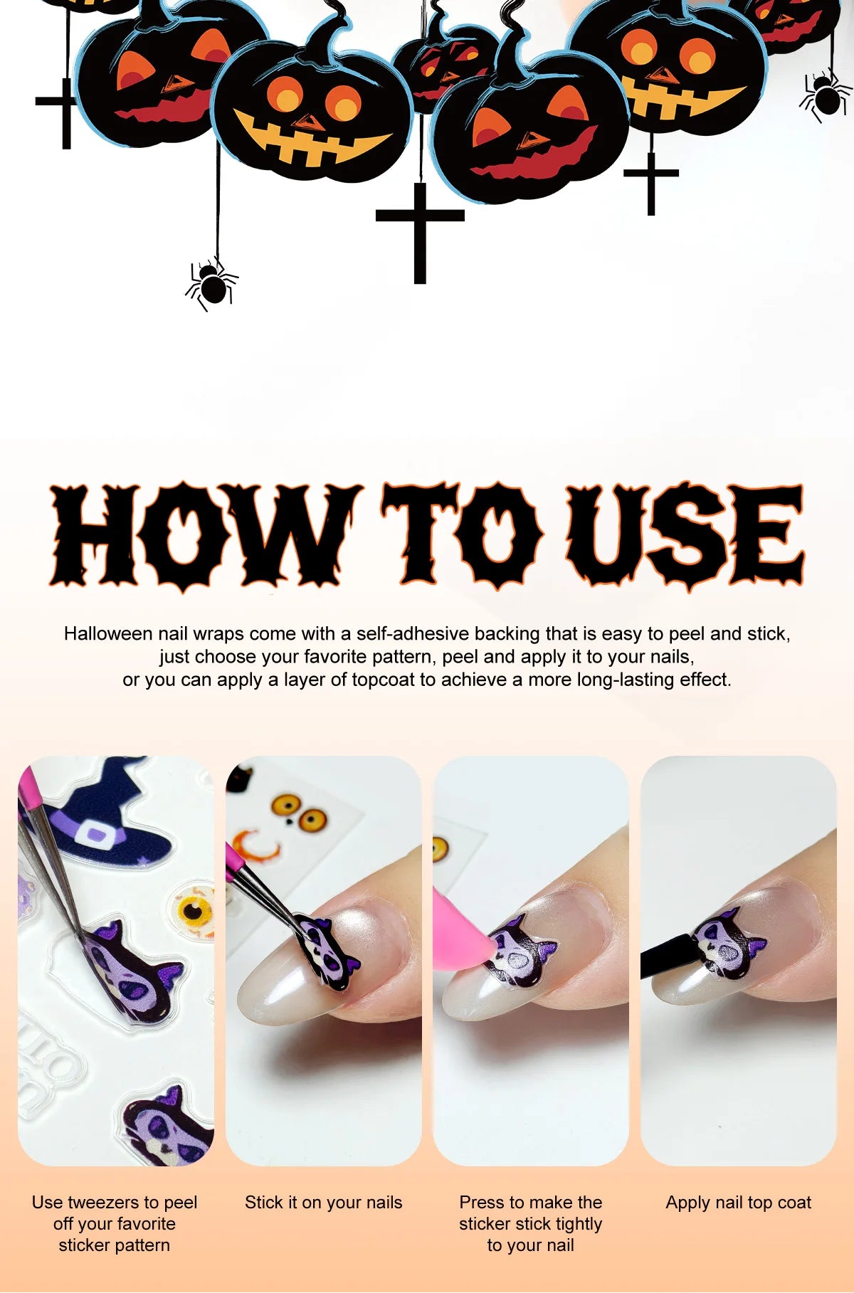 3pcs Halloween Nail Stickers – Pumpkin & Bat 3D Decals