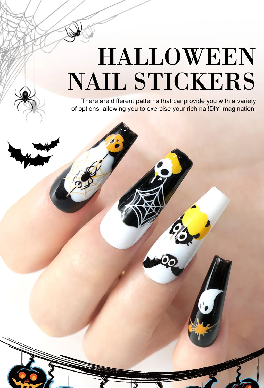 3pcs Halloween Nail Stickers – Pumpkin & Bat 3D Decals