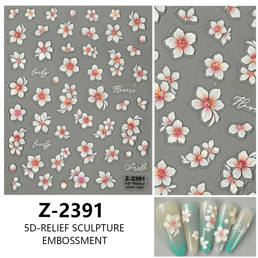5D Spring Flower Nail Stickers – Embossed Floral Manicure Decals