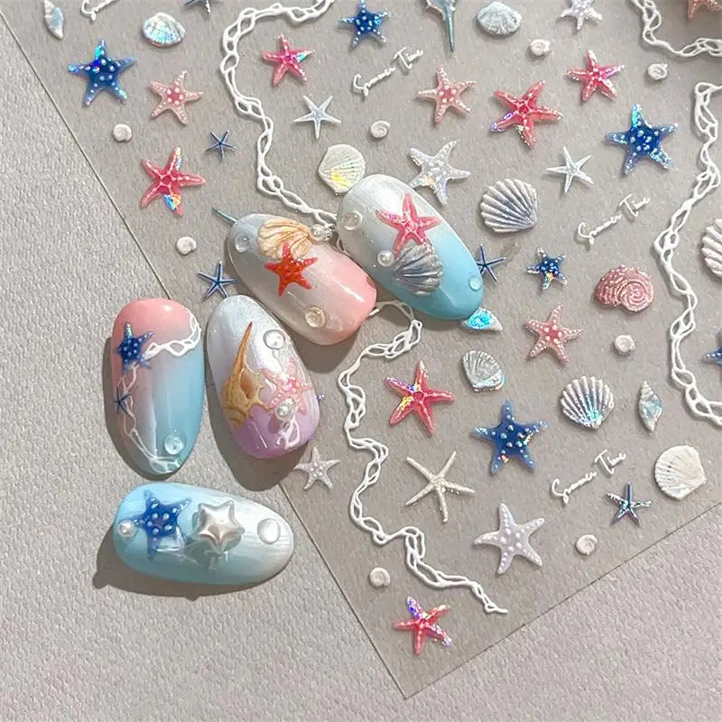 1 Sheet 5D Summer Seashell Nail Stickers – Starfish & Conch Decals