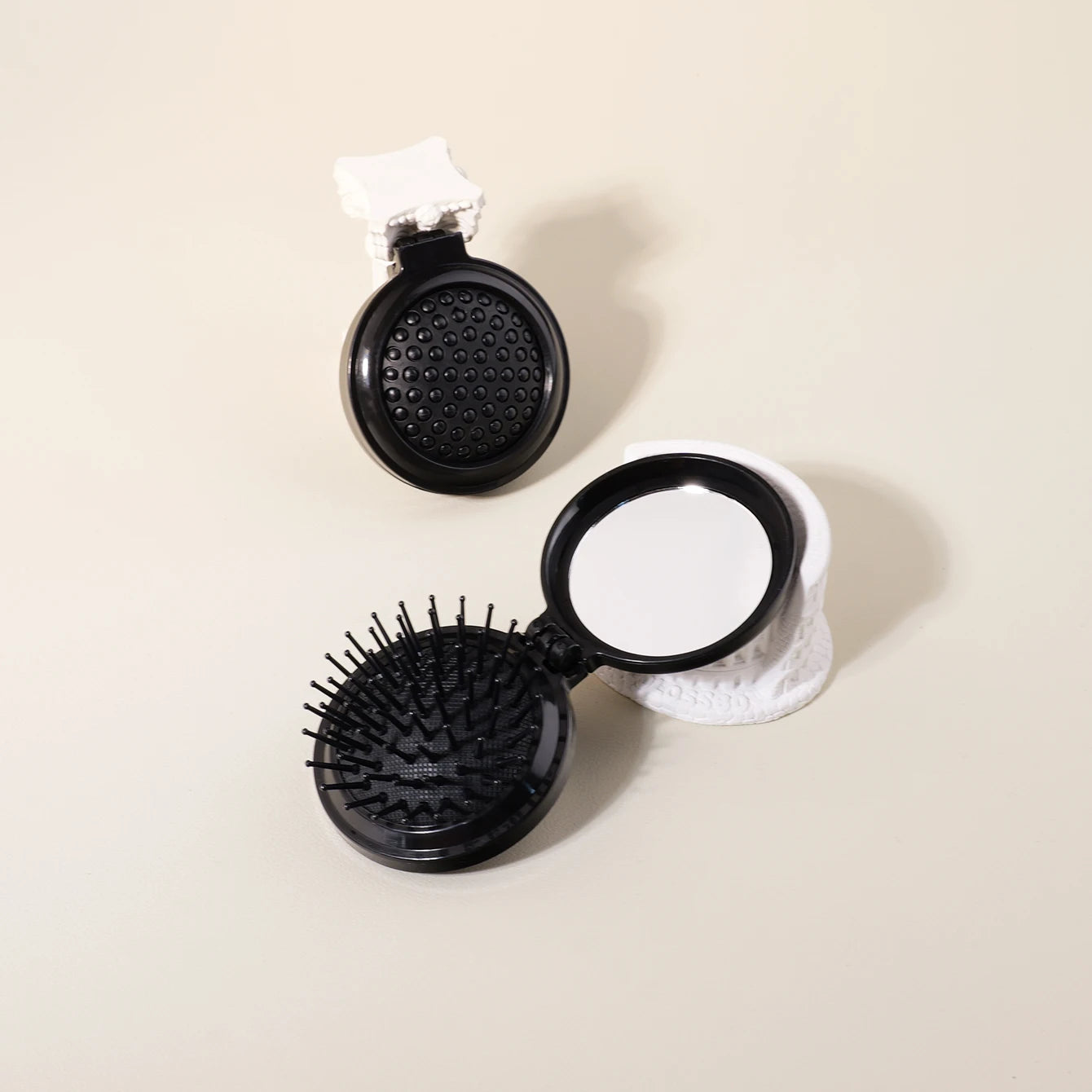 1/2pc Folding Travel Mirror Hair Brush – Round Pocket Comb for Wigs & Real Hair Styling
