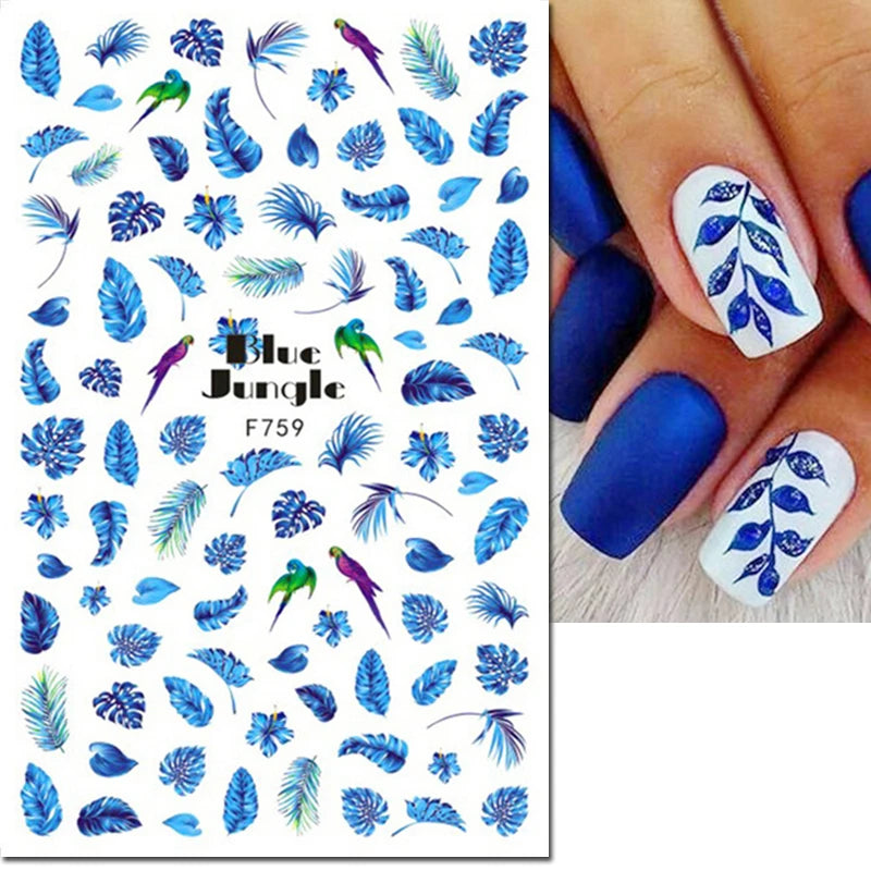 3D Butterfly & Flower Nail Art Stickers – Blue & Purple Decals for Manicure