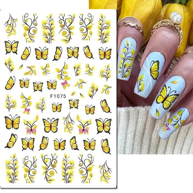 3D Butterfly & Flower Nail Art Stickers – Blue & Purple Decals for Manicure