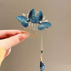 Elegant Butterfly Ponytail Hair Clip – Blue & Red Hairpin with Pearl Tassel for Women