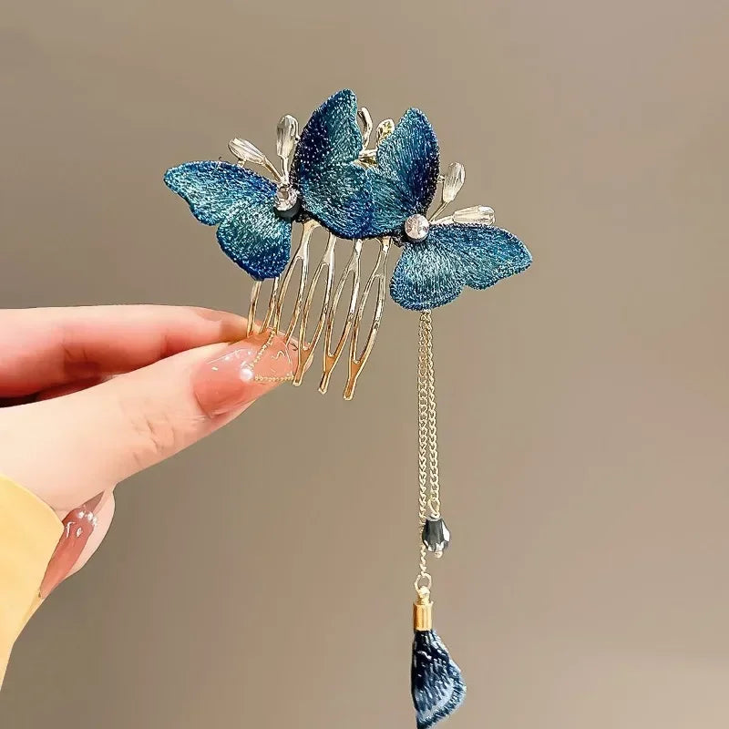 Elegant Butterfly Ponytail Hair Clip – Blue & Red Hairpin with Pearl Tassel for Women