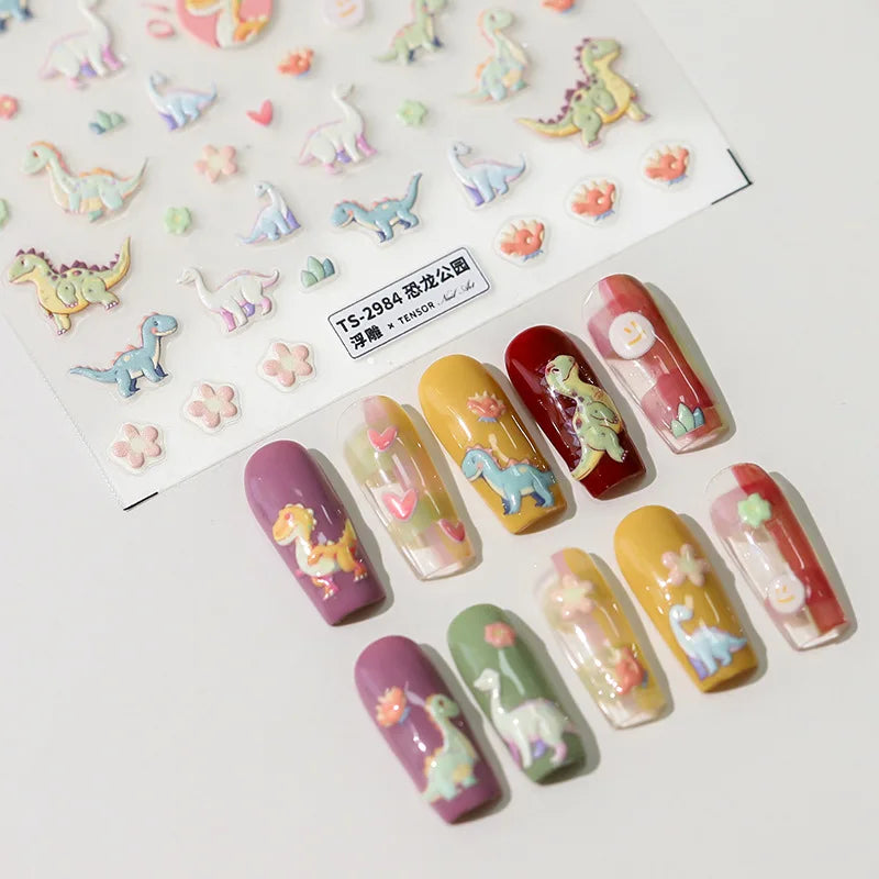 5D Cartoon Dinosaur Nail Art Stickers – Colorful Relief Decals for Manicure