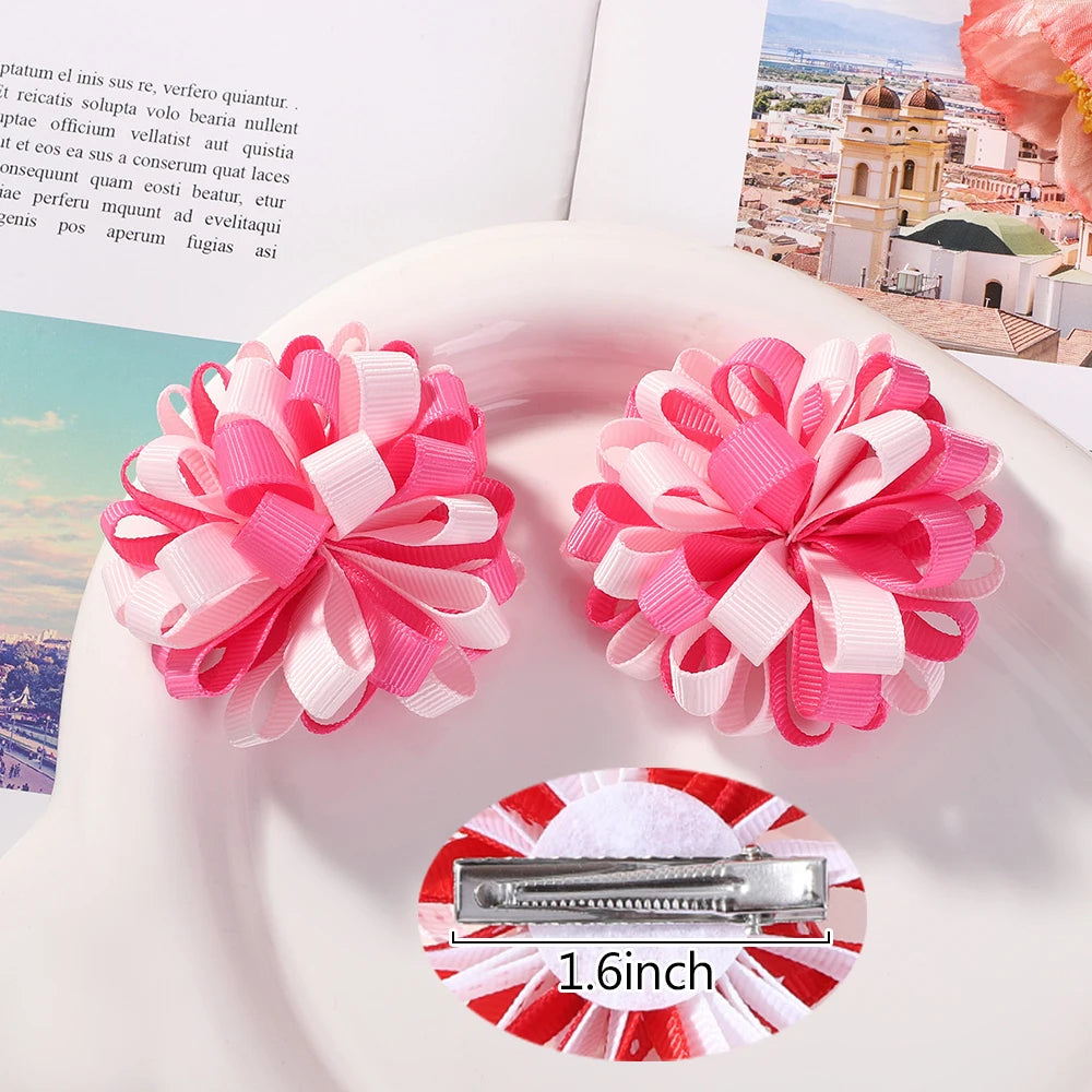 2Pcs Double Color Ribbon Flower Hairpins – Handmade Princess Hair Clips & Barrettes for Girls