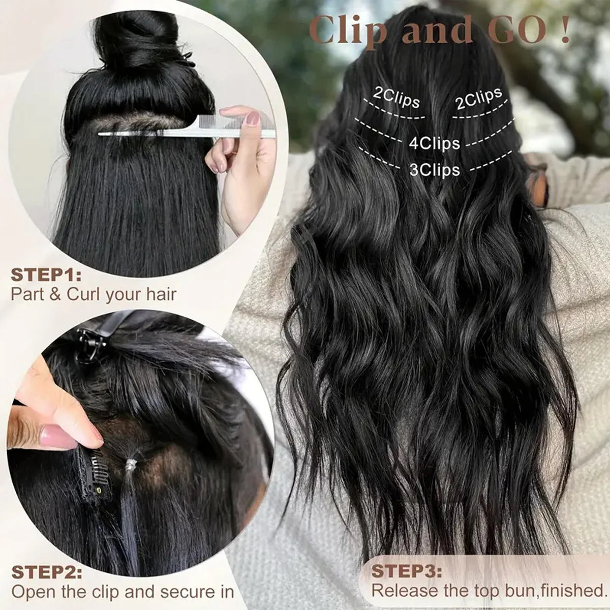 20" Curly Synthetic Hair Extensions – 5PCS Heat-Resistant Black Hairpieces
