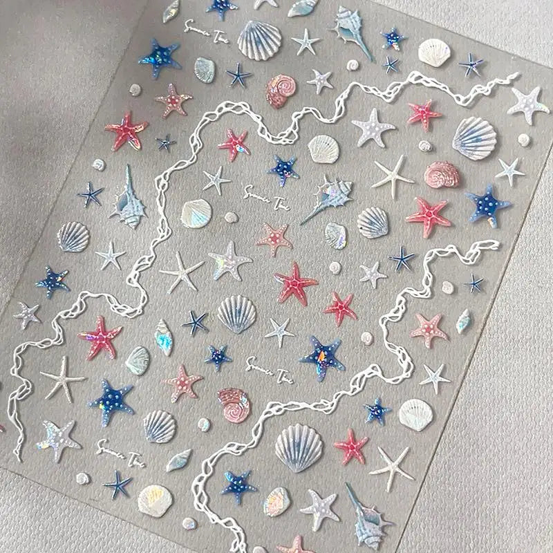 1 Sheet 5D Summer Seashell Nail Stickers – Starfish & Conch Decals