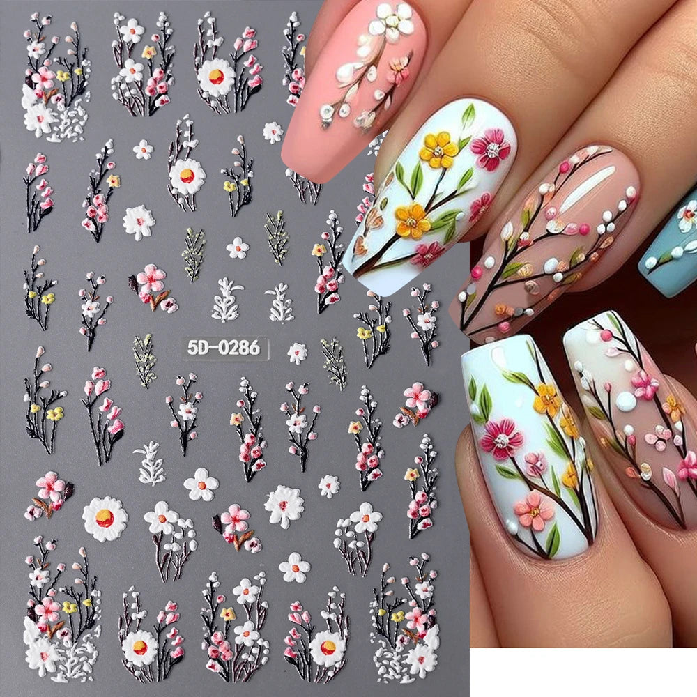 5D Spring Flower Nail Art Stickers – Colorful Daisy & Vine Decals for DIY Nails