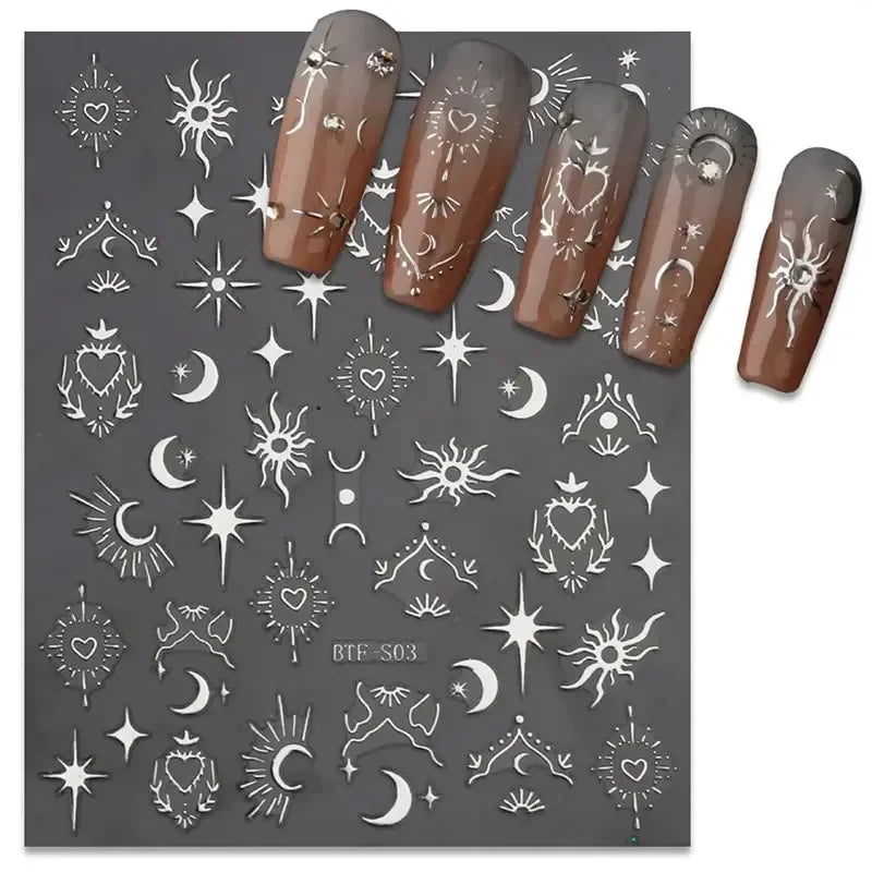 3-Pack 3D Nail Stickers – Gold, Silver & Rose Gold Laser Moon & Butterfly Decals
