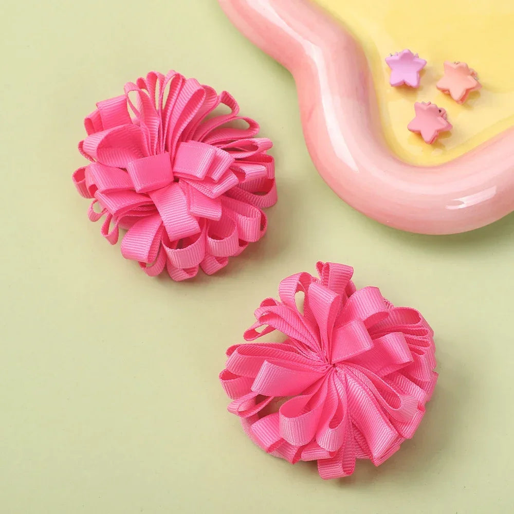 2Pcs Double Color Ribbon Flower Hairpins – Handmade Princess Hair Clips & Barrettes for Girls