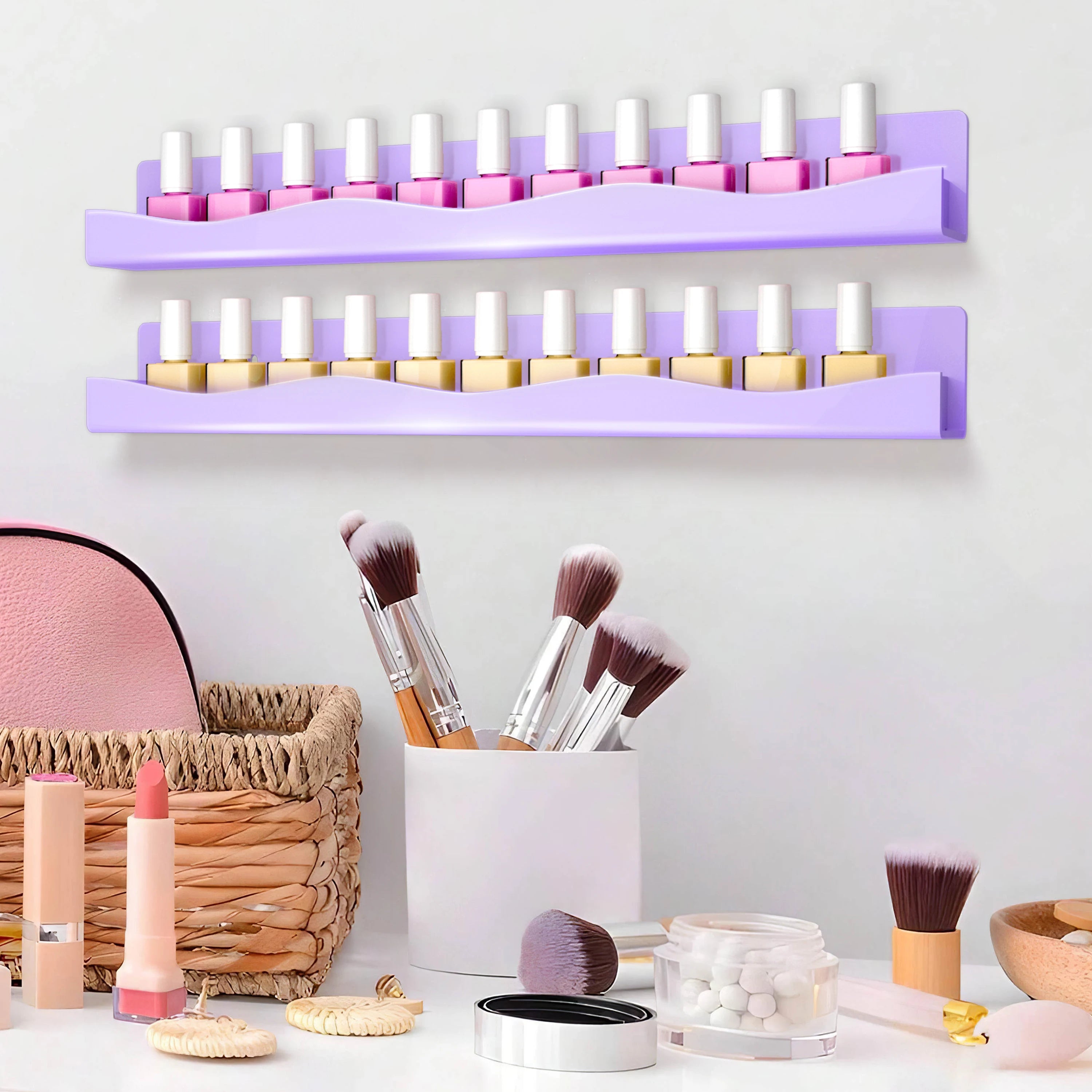 Light Pink Acrylic Nail Polish Wall Rack – 6 Pack Organizer Shelf Set