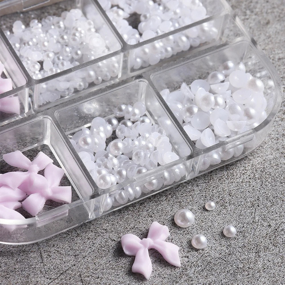 Kawaii 3D Mini Bow Nail Art Charms – Pink & White Pearl Resin Decorations