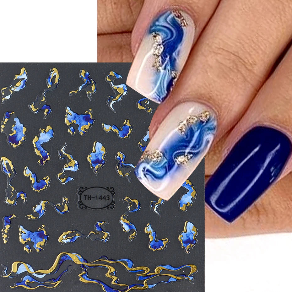Holographic Purple & Blue Nail Art Stickers – Gold Ink Decals for DIY Manicure