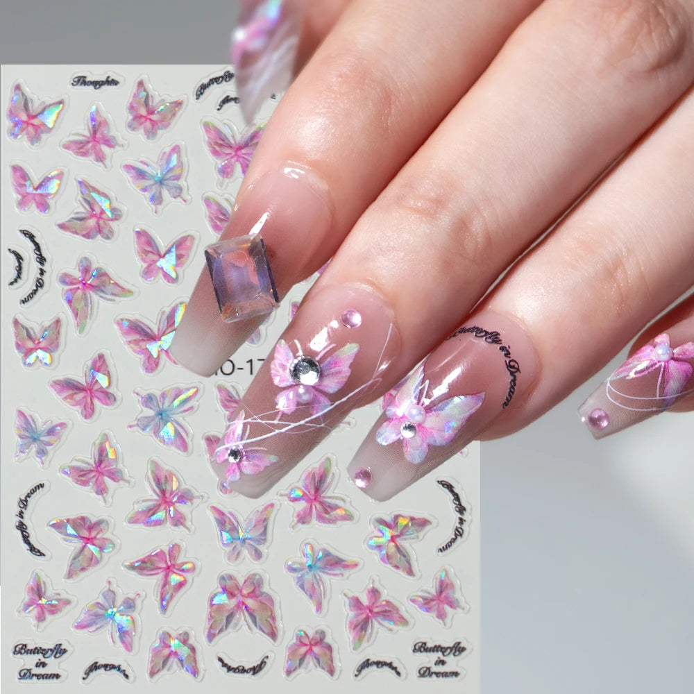 3D Aurora Shell Butterfly Nail Sticker – Pink & Purple, 8×10 cm