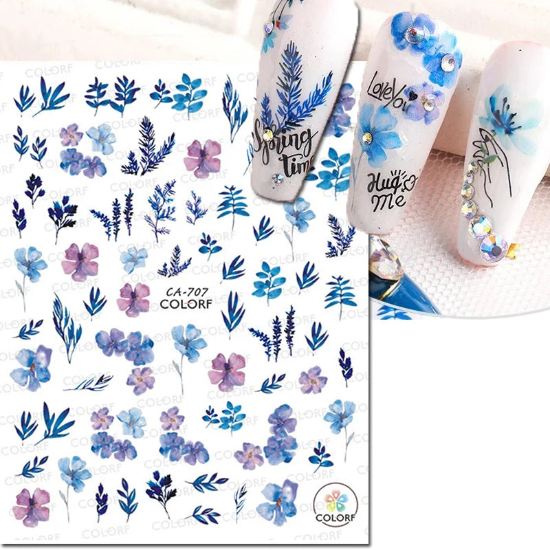 3D Butterfly & Flower Nail Art Stickers – Blue & Purple Decals for Manicure