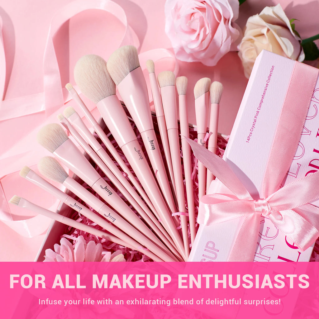 14PCS Pink Makeup Brush Set – Premium Vegan Foundation, Blush, Eyeshadow, Liner & Blending Brushes (T495)